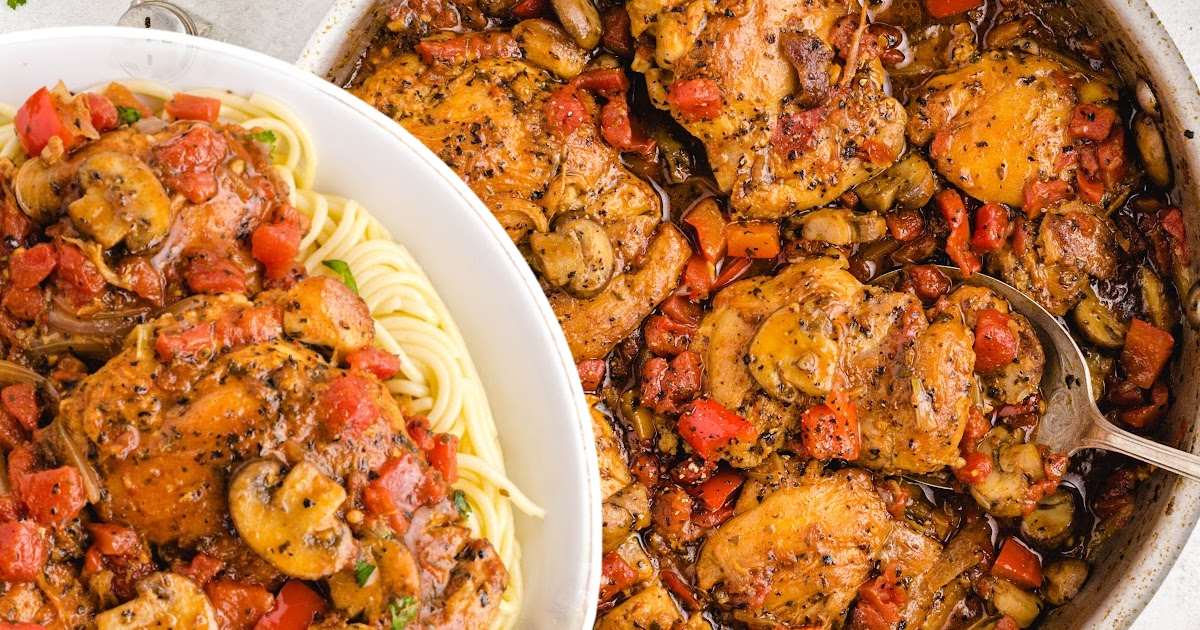a spoon taking some Chicken Cacciatore and some on a plate