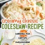A close-up of a spoonful of classic coleslaw, with a creamy dressing and shredded veggies, text overlay listing the ingredients.