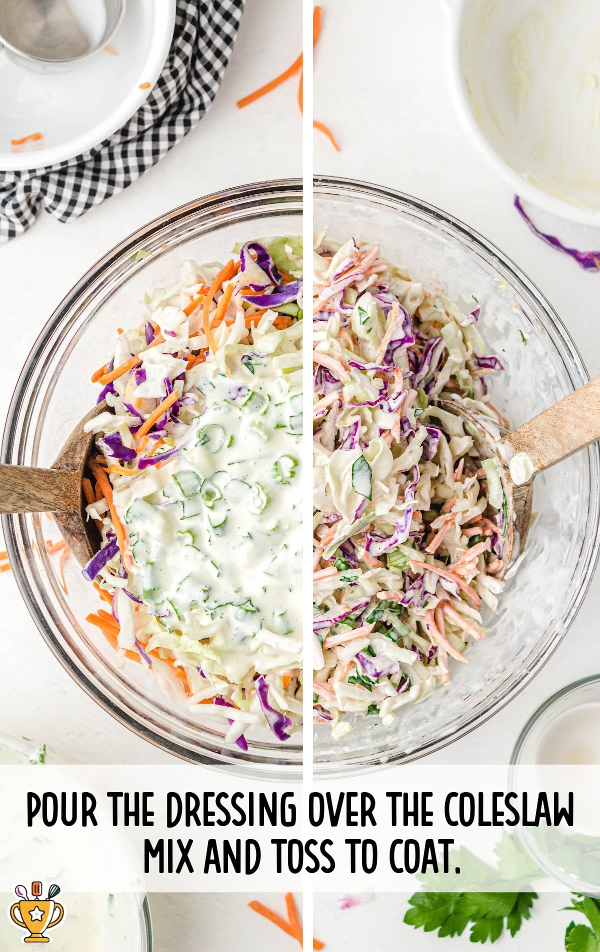 A split image showing before and after mixing: coleslaw mix with green onion dressing being poured on one side, and fully mixed creamy coleslaw on the other.