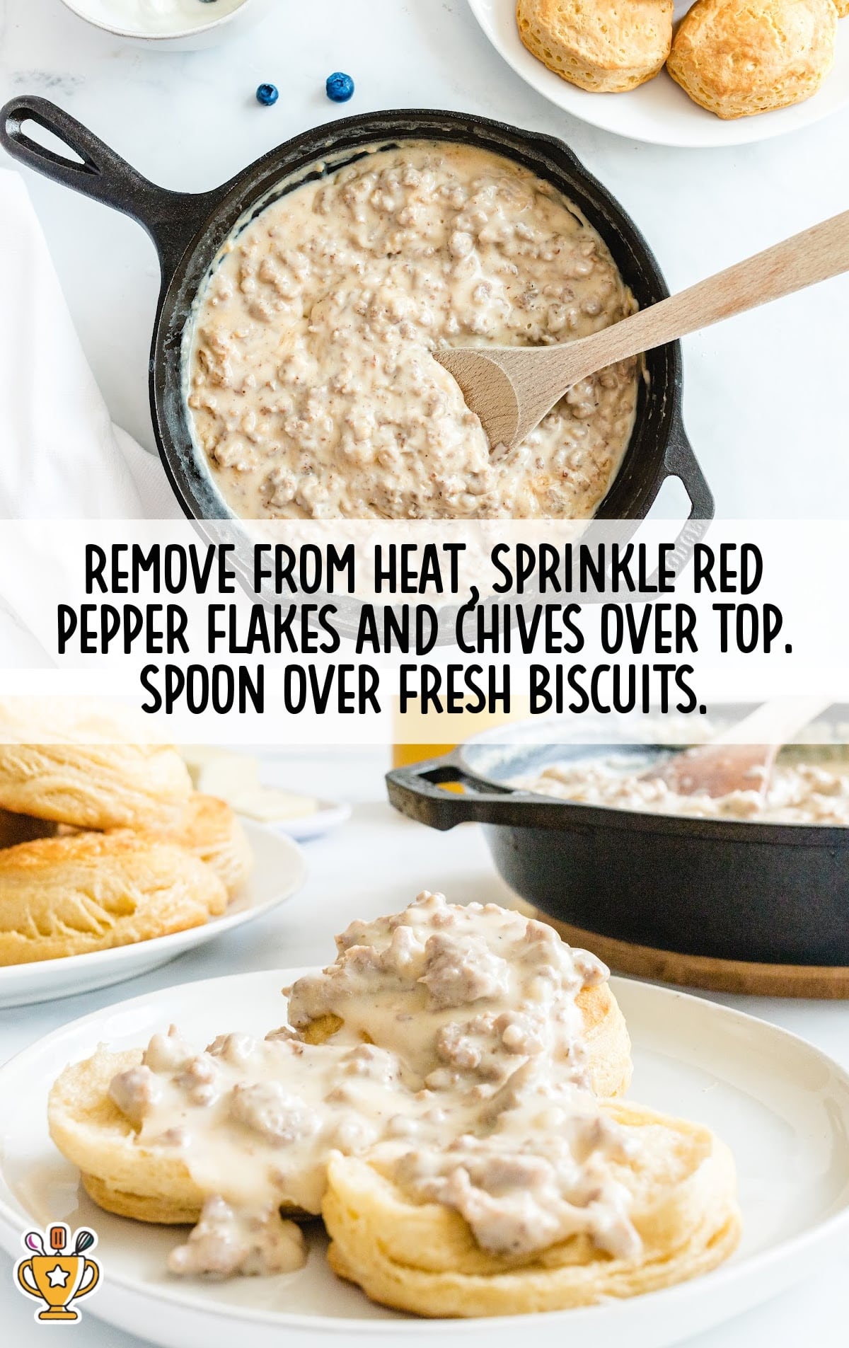Country Biscuits and Sausage Gravy served on a plate