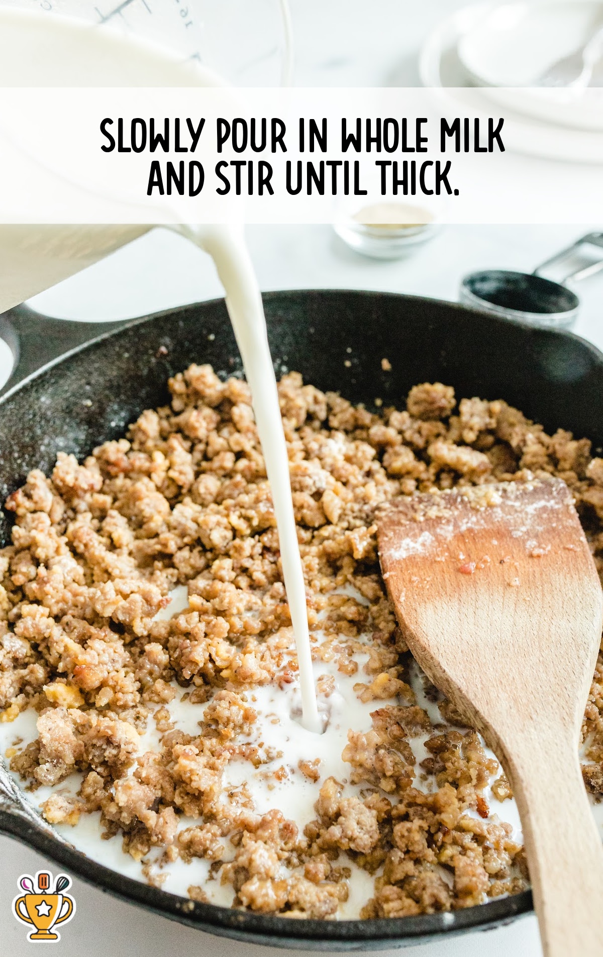 pouring whole milk in a skillet
