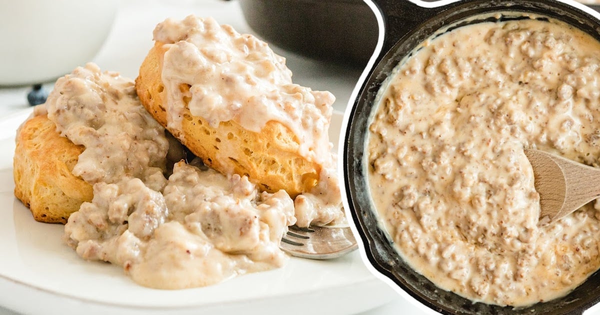 Country Biscuits and Sausage Gravy on a plate and in a skillet