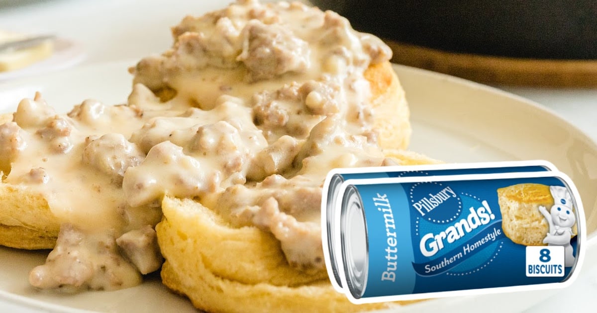 Country Biscuits and Sausage Gravy served on a plate