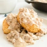 Country Biscuits and Sausage Gravy served on a plate