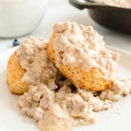 Country Biscuits and Sausage Gravy served on a plate