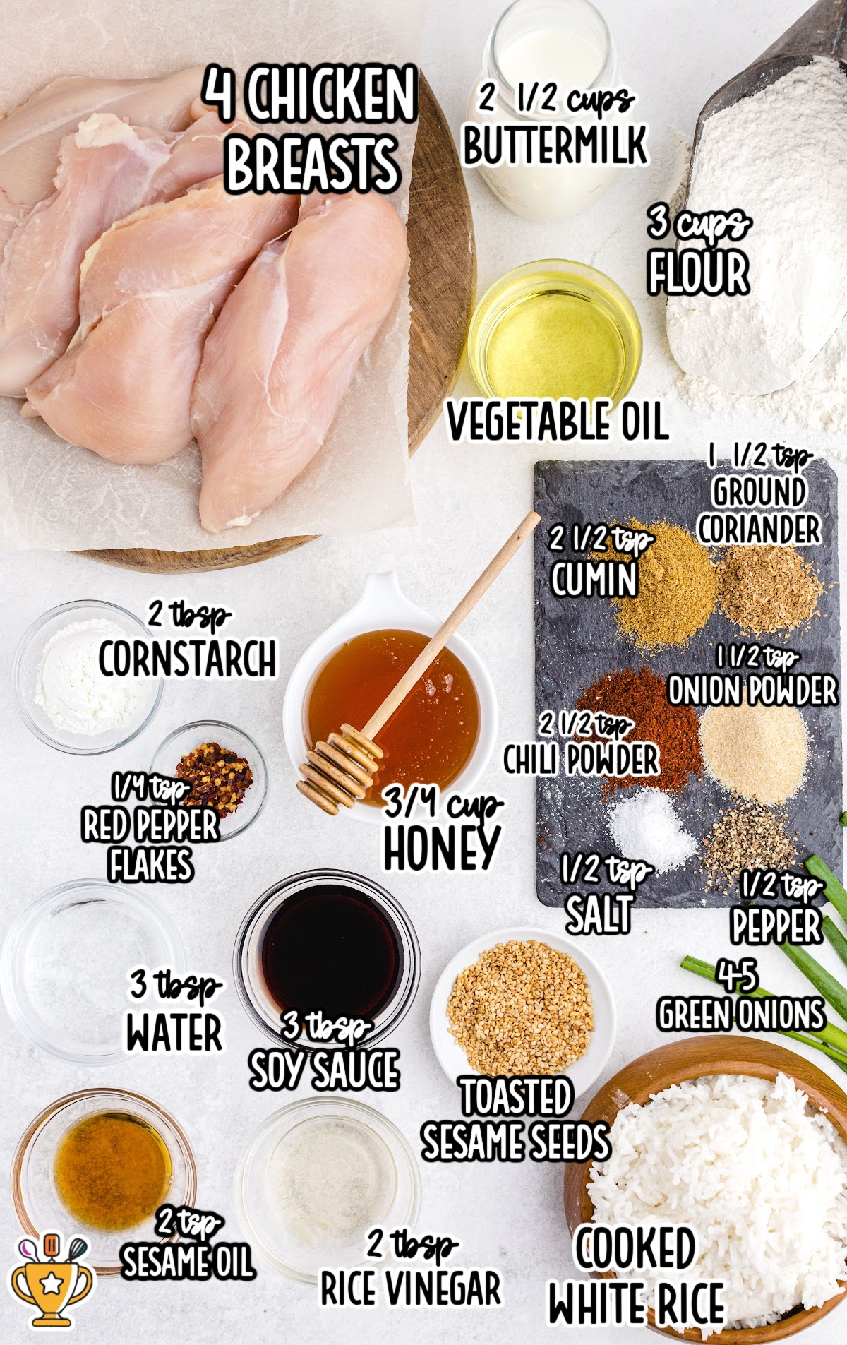&ldquo;Labeled ingredients for crispy honey chicken including chicken breasts, spices, honey, soy sauce, buttermilk, and rice.&rdquo;