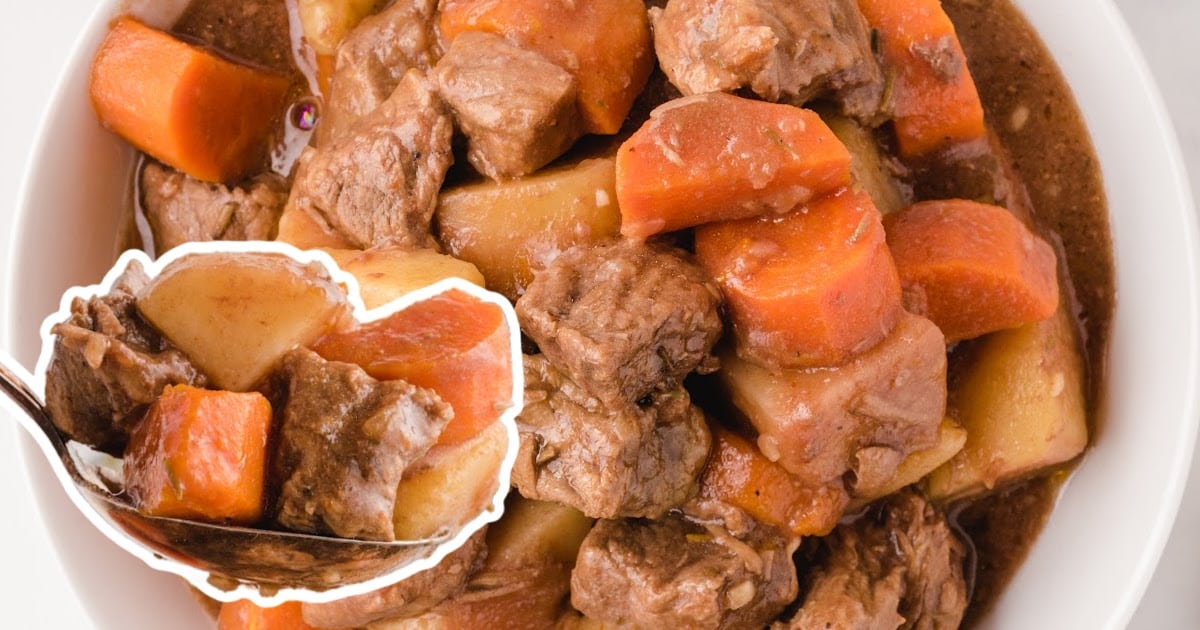 Crockpot Beef Stew and some in a spoon an in a bowl