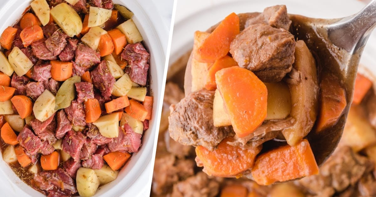 a spoon holding some Crockpot Beef Stew and ingredients combined in a crockpot