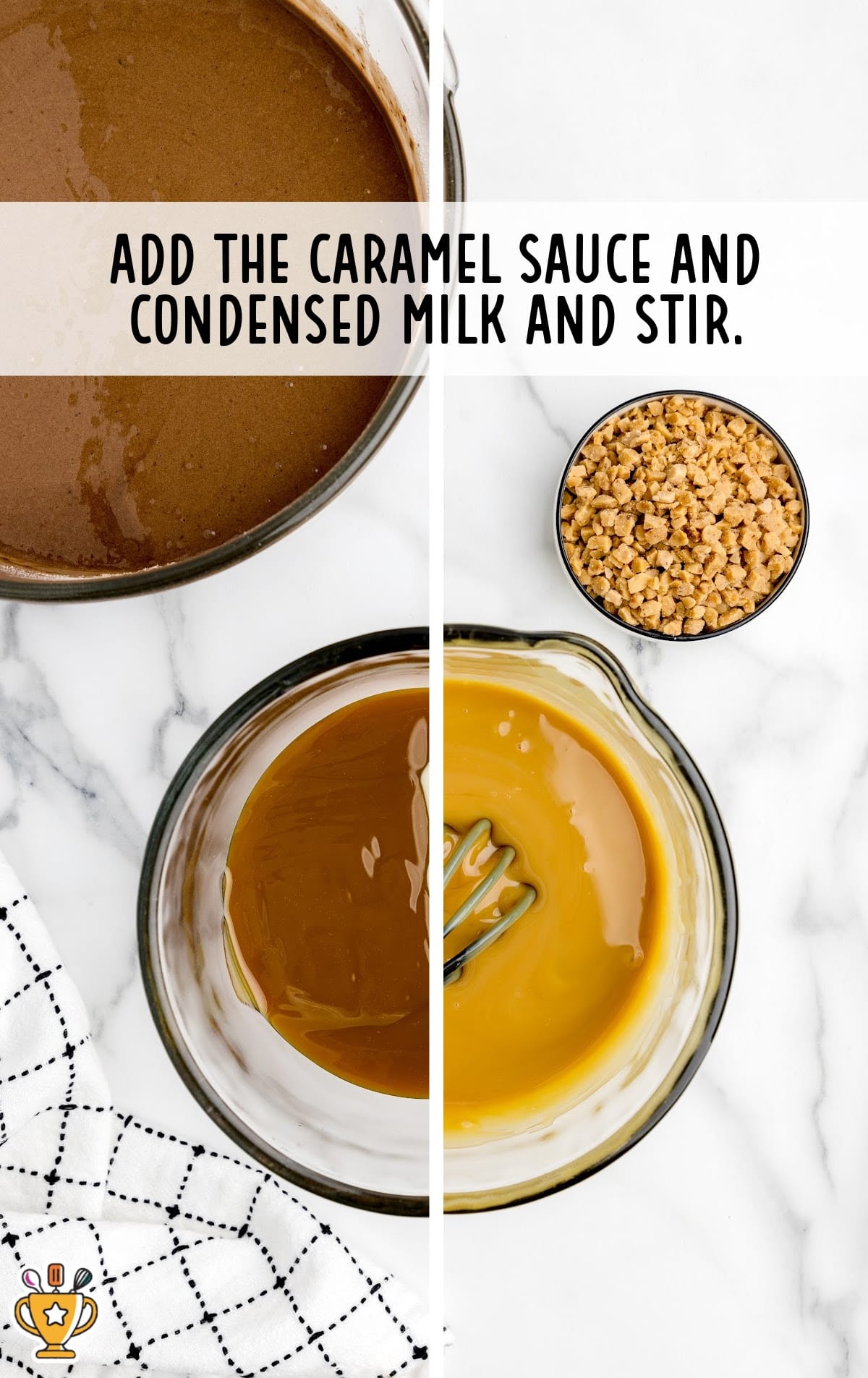 caramel sauce and condensed milk added in a bowl