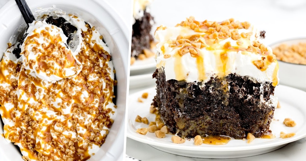 a piece of Crockpot Better Than Sex Cake on a plate