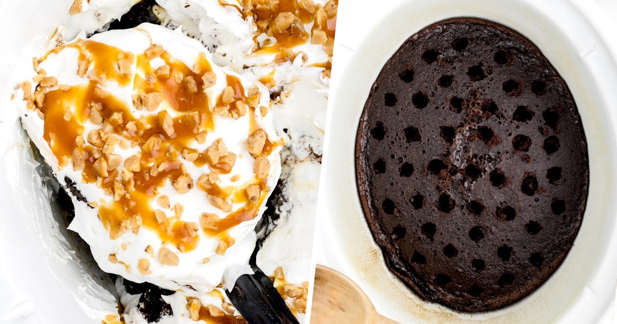 Crockpot Better Than Sex Cake with poked holes and a piece on the side