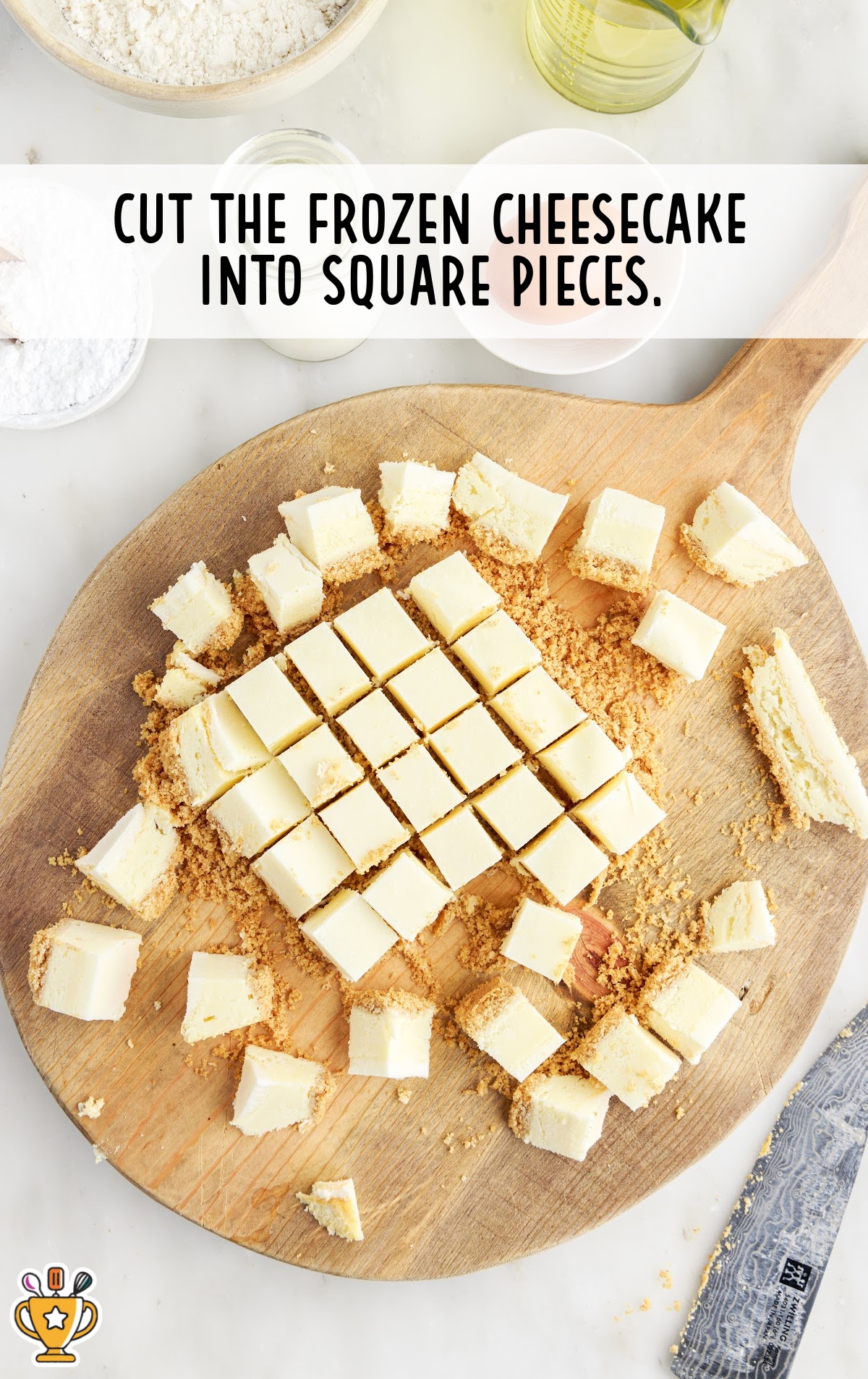 frozen cheesecake cut into square pieces