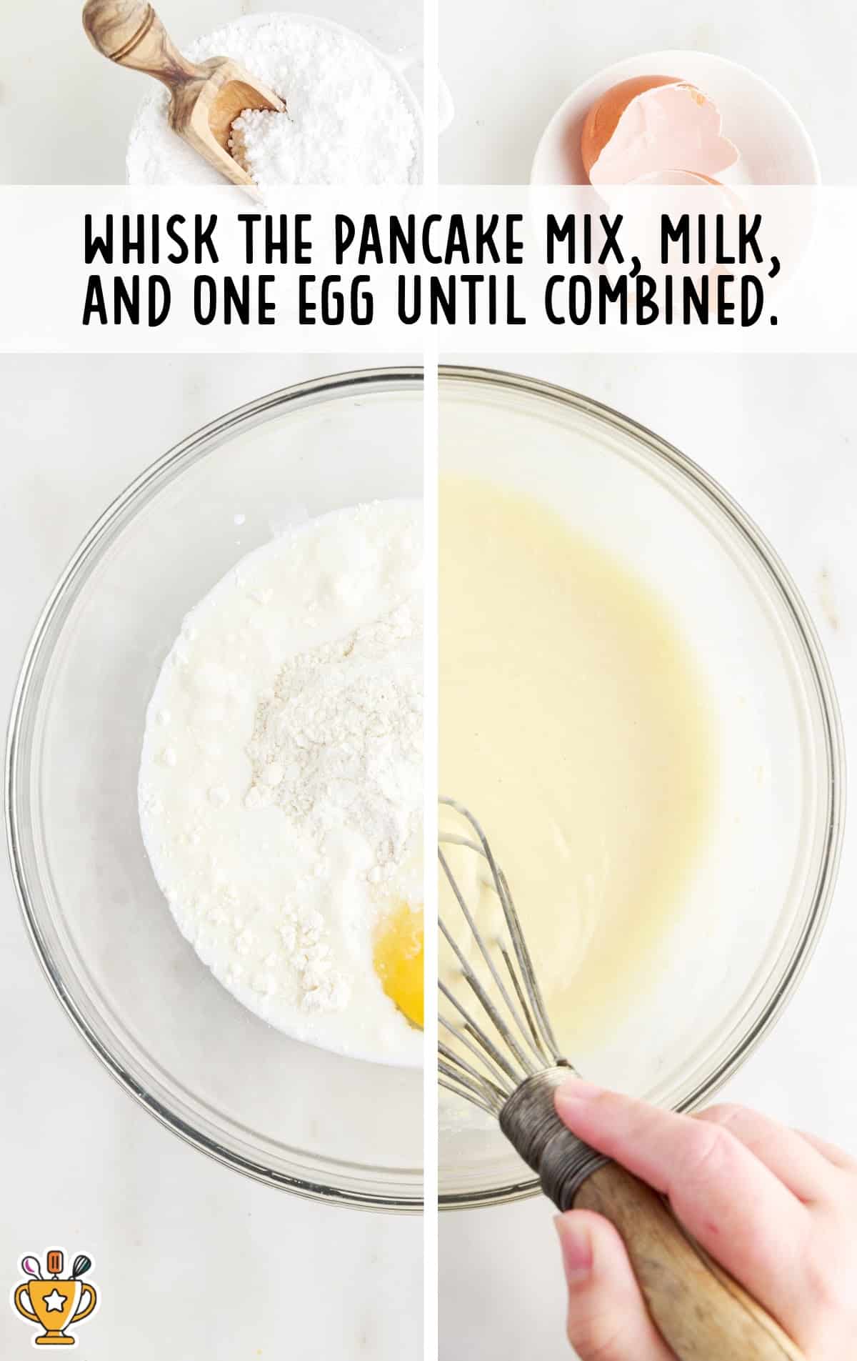 pancake mix, milk and eggs in a bowl