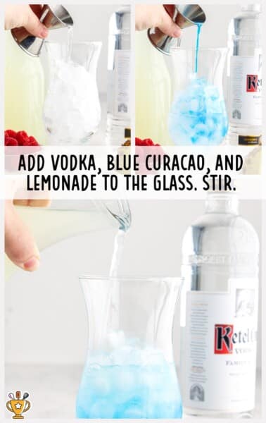 adding vodka, blue curacao and lemonade in a glass
