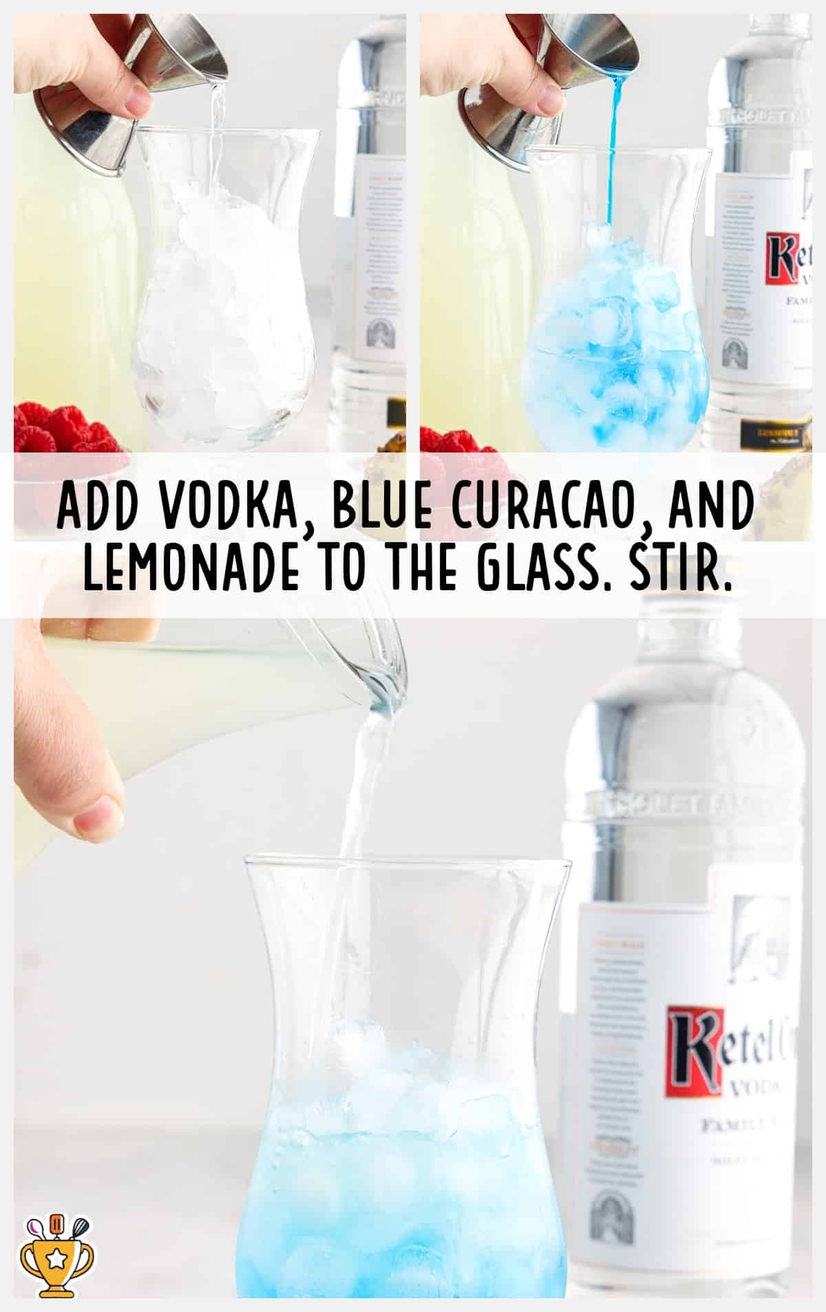 adding vodka, blue curacao and lemonade in a glass