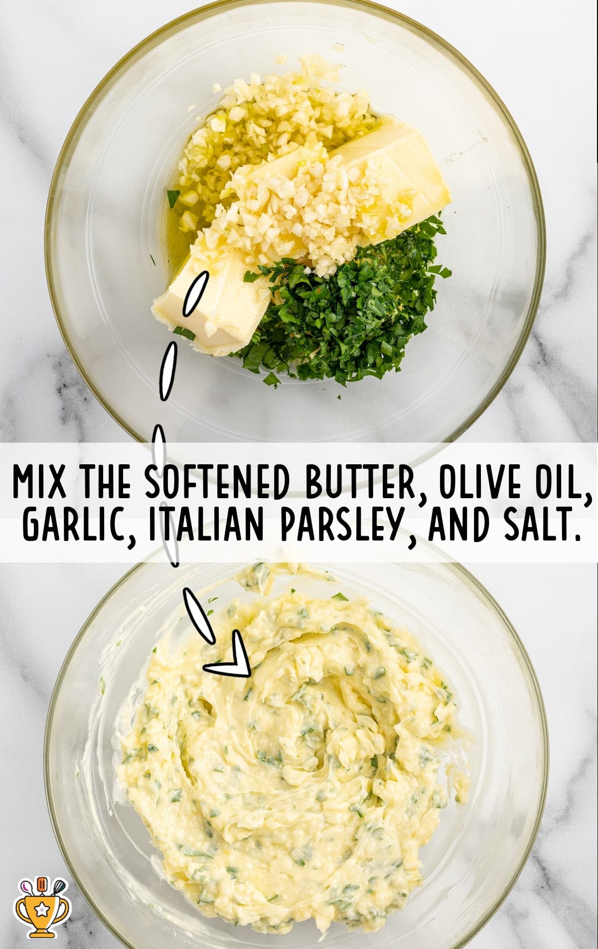 mixing the softened butter, olive oil, garlic, italian parsley and salt mixed together in a bowl