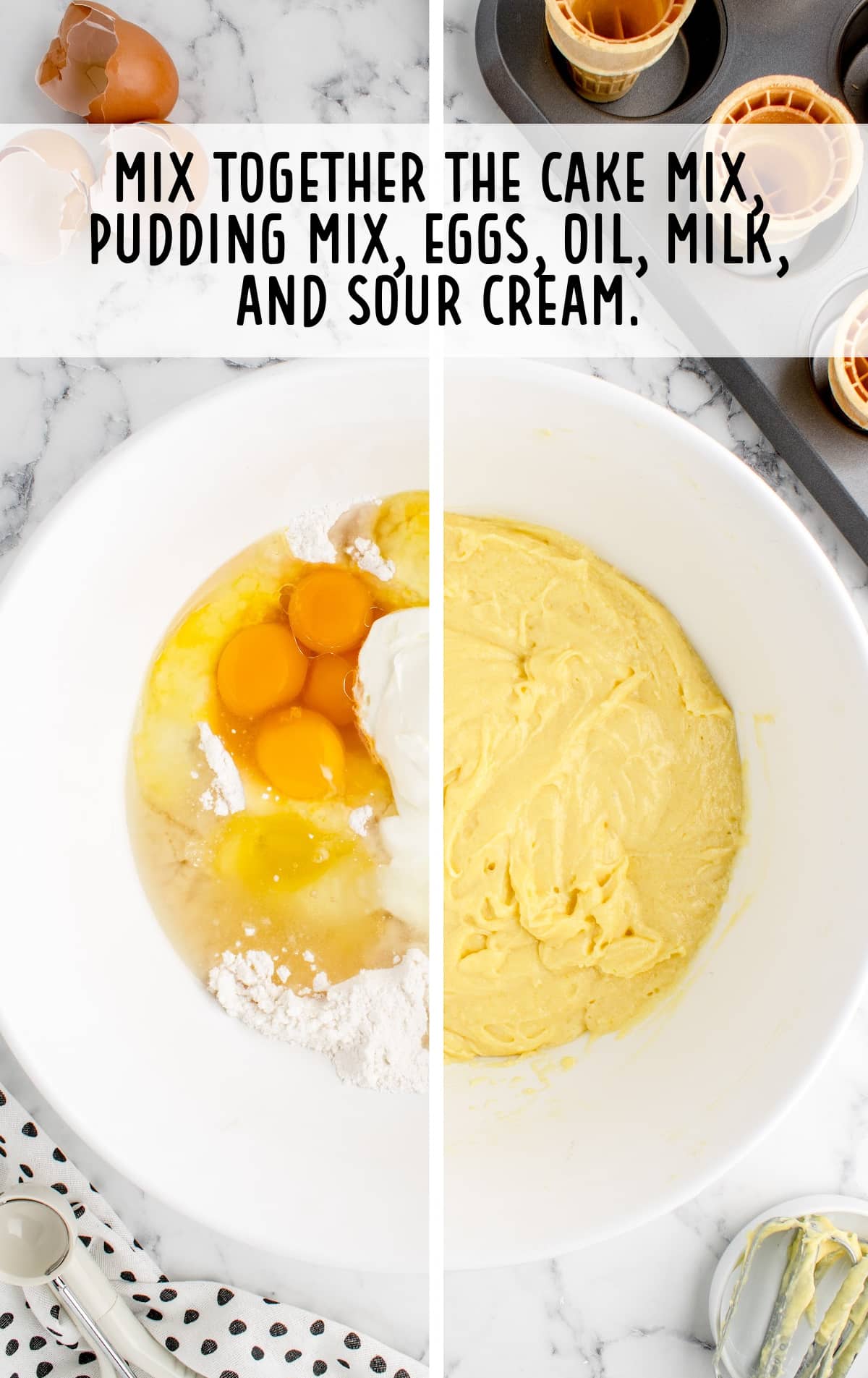 A bowl contains the ingredients to make the cupcake batter.