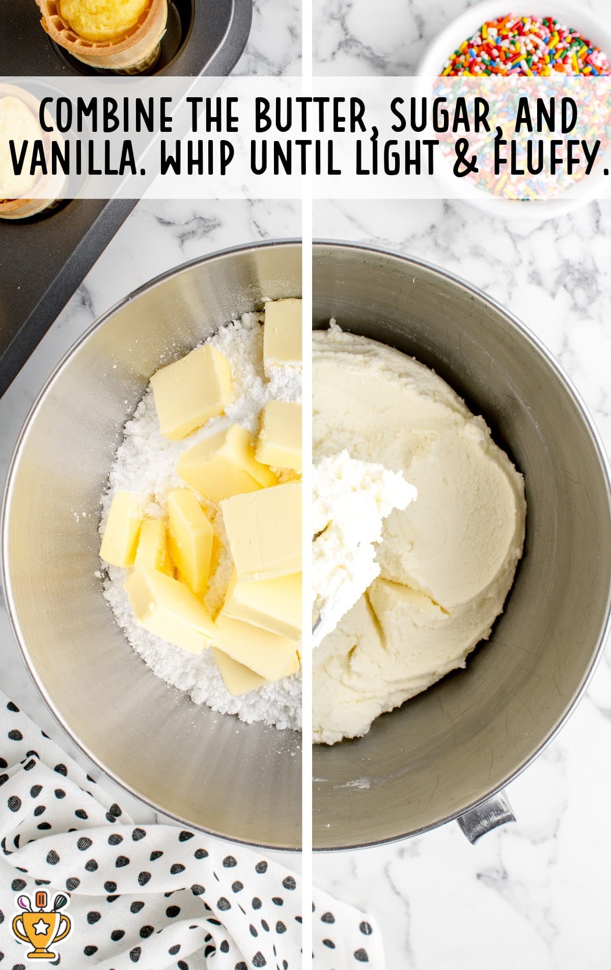 butter, sugar and vanilla combined together in a bowl