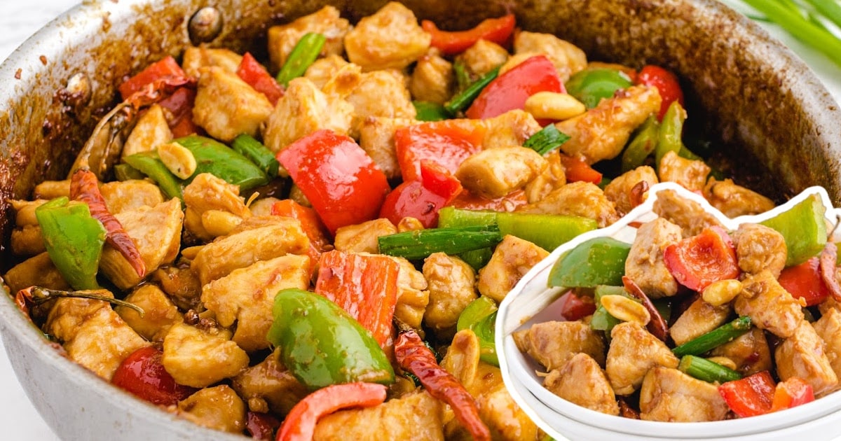 Kung Pao Chicken in a skillet and in a bowl
