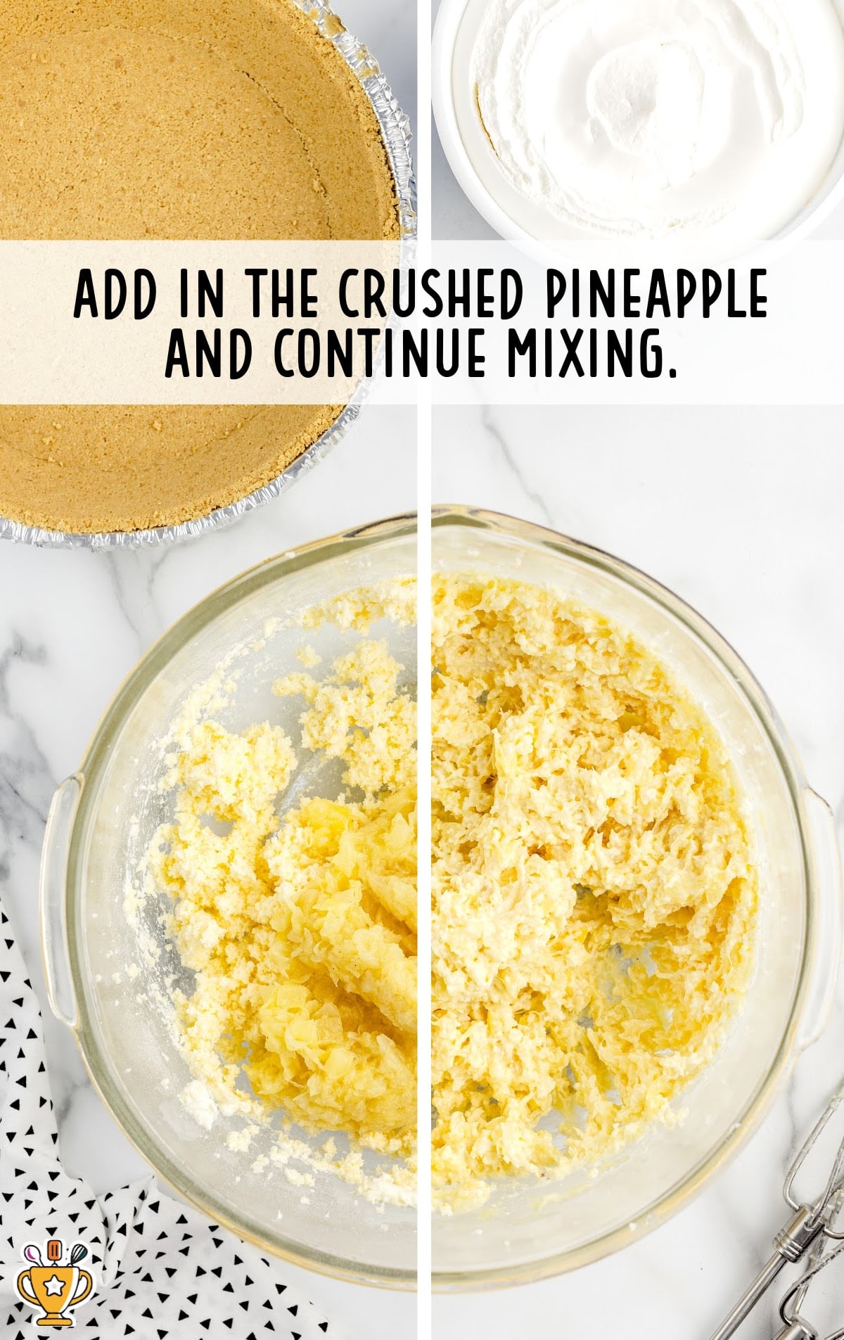 crushed pineapple added to the bowl of mixture