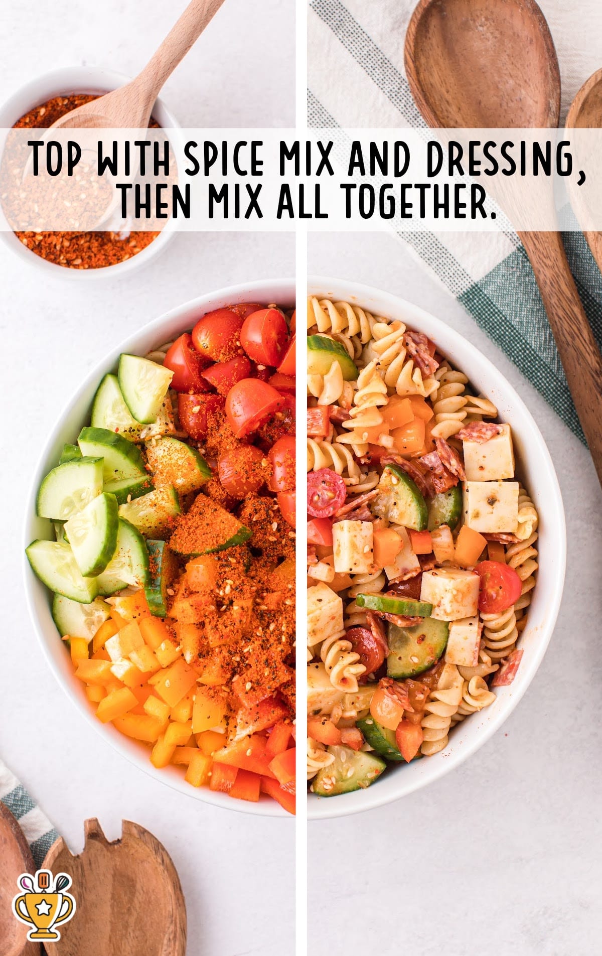 topping with spice mix and dressing and mixing all together