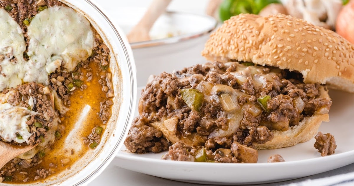 Philly Cheesesteak Sloppy Joes on a white plate