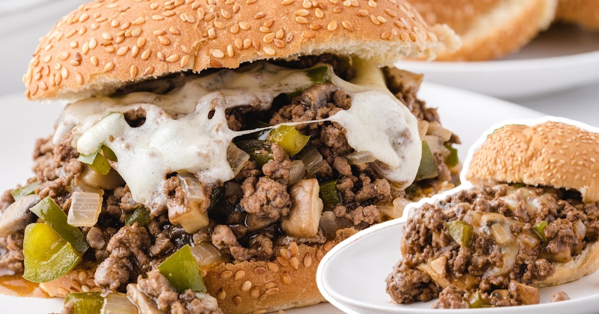 Philly Cheesesteak Sloppy Joes on a plate and a close up photo of Philly Cheesesteak Sloppy Joes