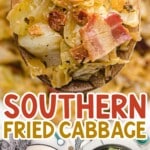 a wooden spoon holding some Southern Fried Cabbage