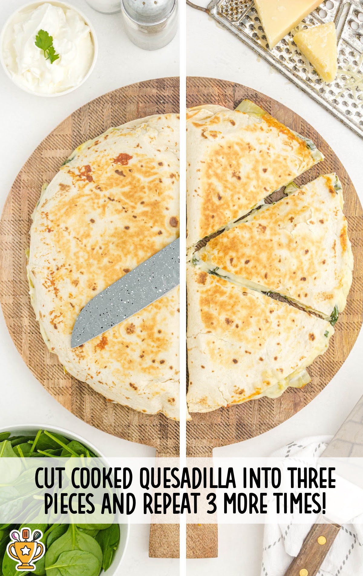 Spinach Artichoke Quesadilla cut in three pieces