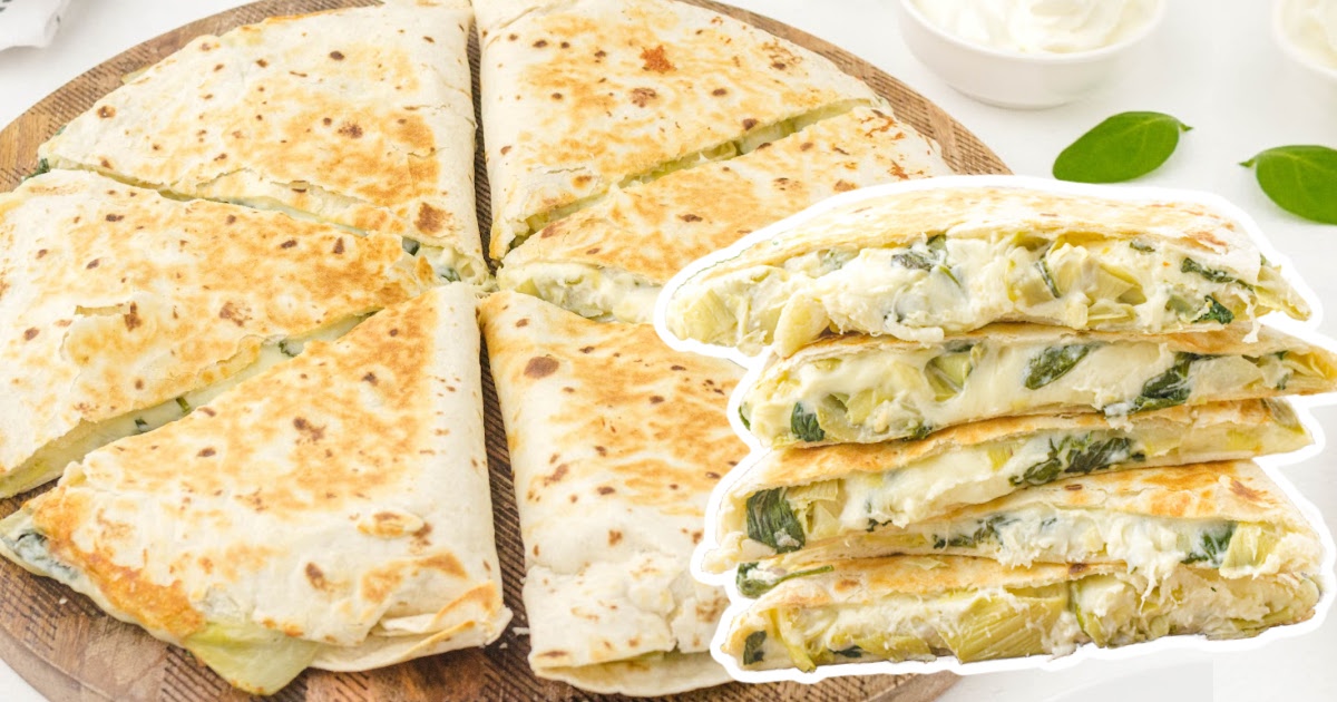 a Spinach Artichoke Quesadilla cut into six pieces and other pieces stacked together on the side