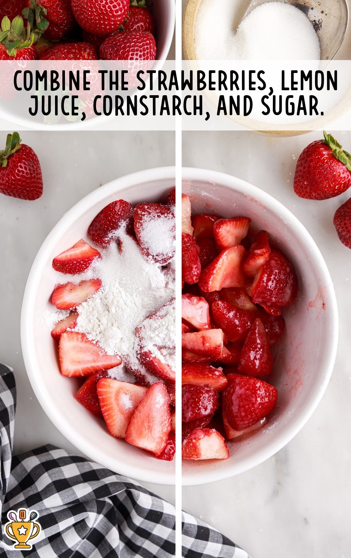 strawberries, lemon juice, cornstarch and sugar added in a bowl