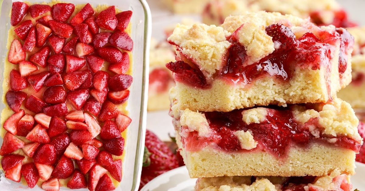 pieces of Strawberry Pie Bars on a plate and strawberries in a baking dish