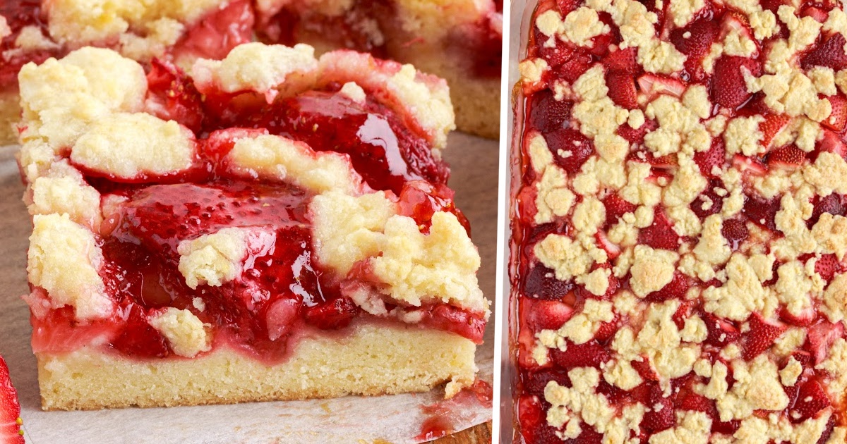 a piece of Strawberry Pie Bars and more in a baking dish