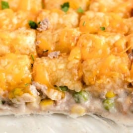 Side view of casserole with crispy tater tots and melty cheddar cheese on top, revealing creamy ground meat and veggie layer below.