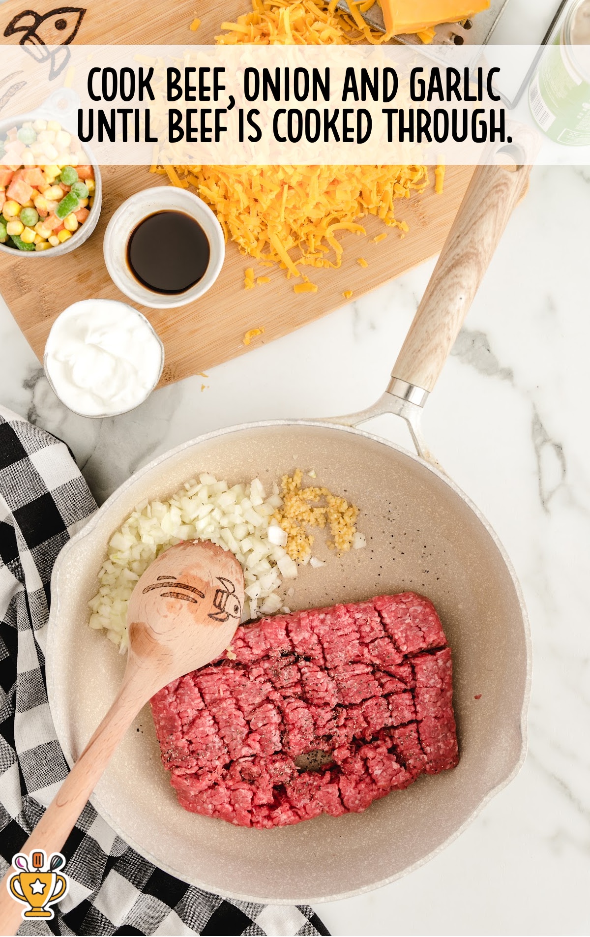Ground beef, chopped onion, and garlic cooking in a pan beside grated cheese and other ingredients. Step text says to cook beef until done.