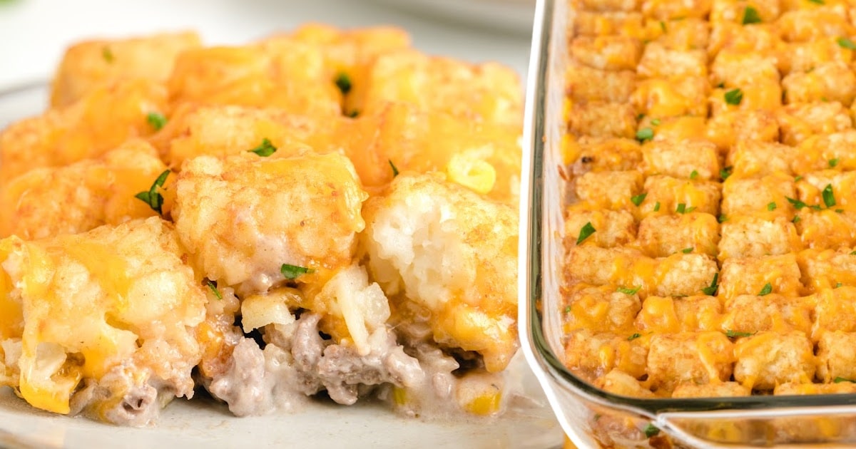 Side-by-side view of plated casserole on the left and full dish on the right, topped with crispy tater tots and cheese.