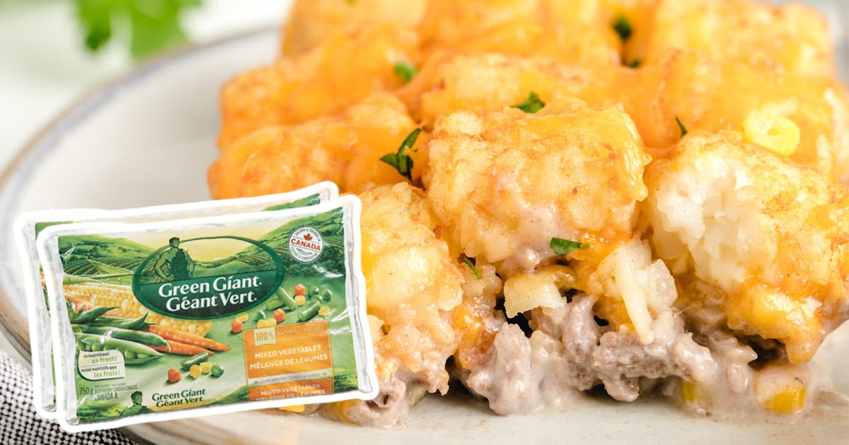 Plated tater tot casserole with Green Giant mixed vegetables package overlay added in the corner.