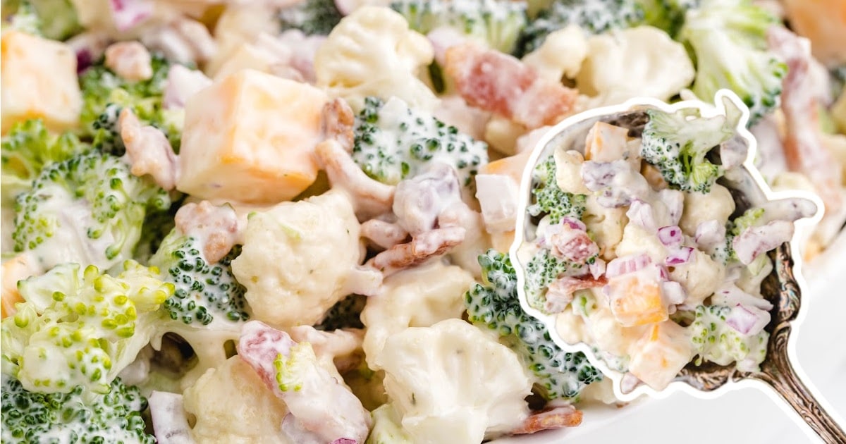 a close up photo of Broccoli Cauliflower Salad