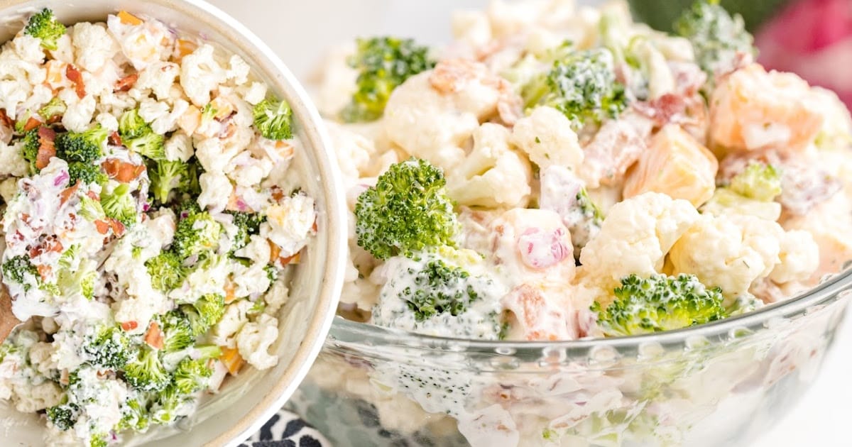 two bowls full of Broccoli Cauliflower Salad
