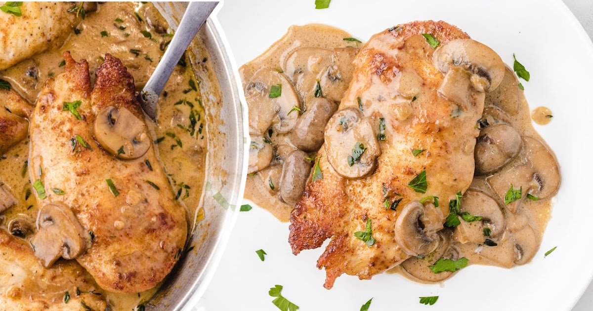 Chicken Marsala on a white plate and in a skillet