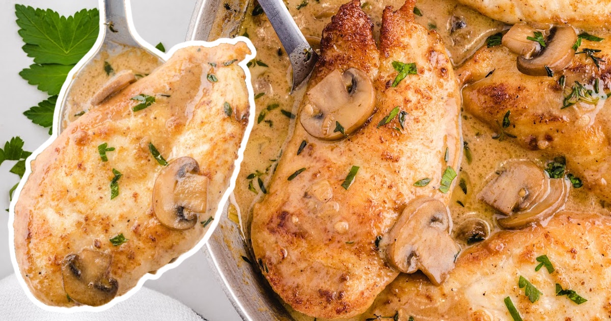a spoon holding Chicken Marsala and some in a skillet