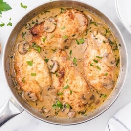 a skillet full of Chicken Marsala