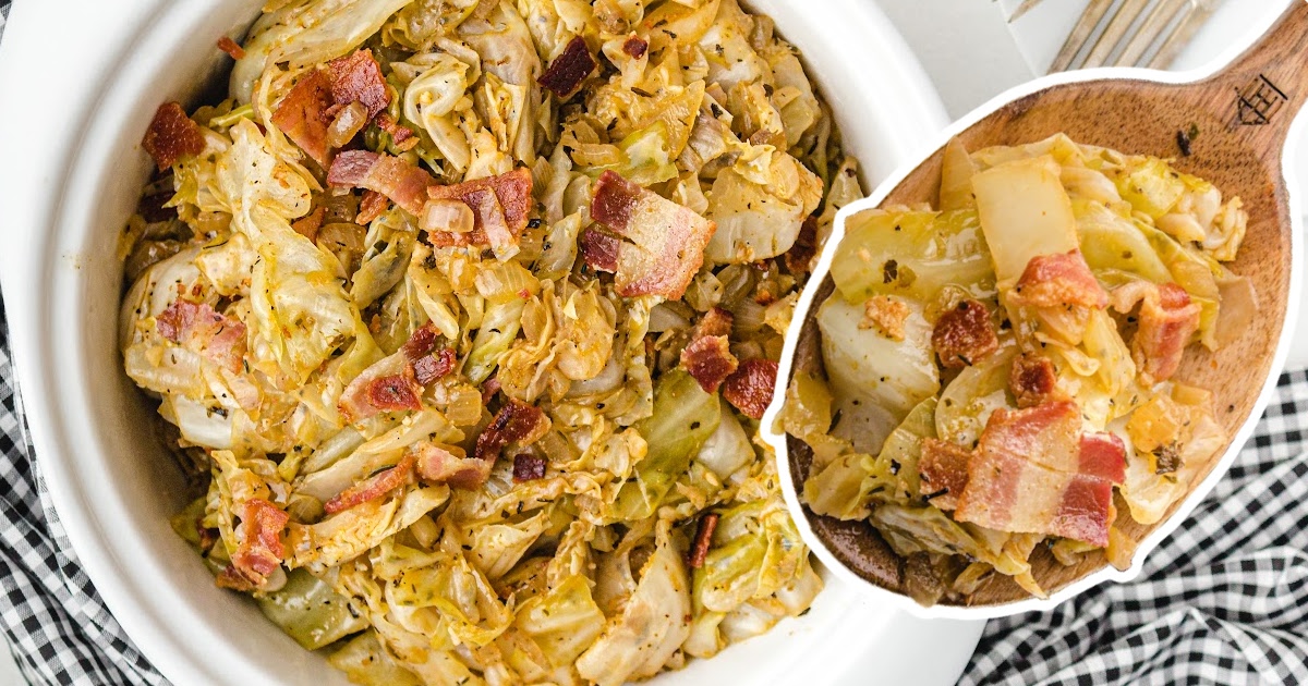 a wooden spoon holding some Southern Fried Cabbage and more Southern Fried Cabbage