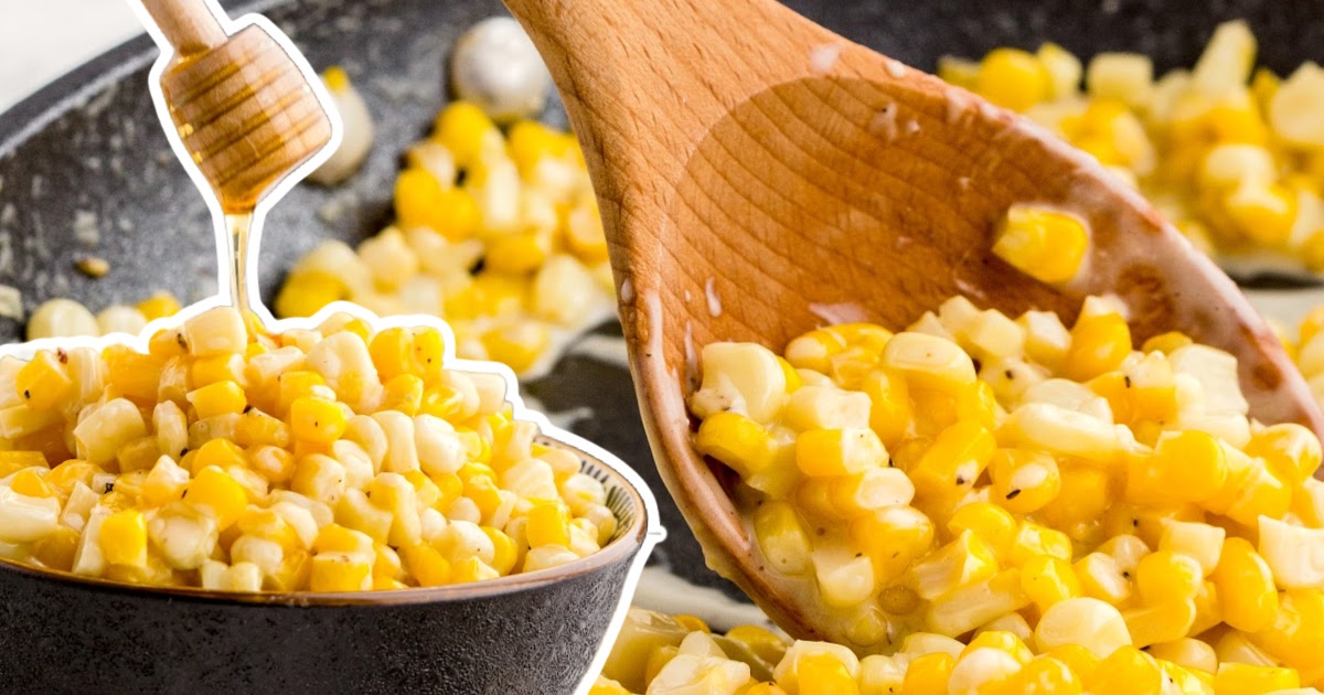 Honey Butter Skillet Corn in a bowl and a wooden spoon holding some
