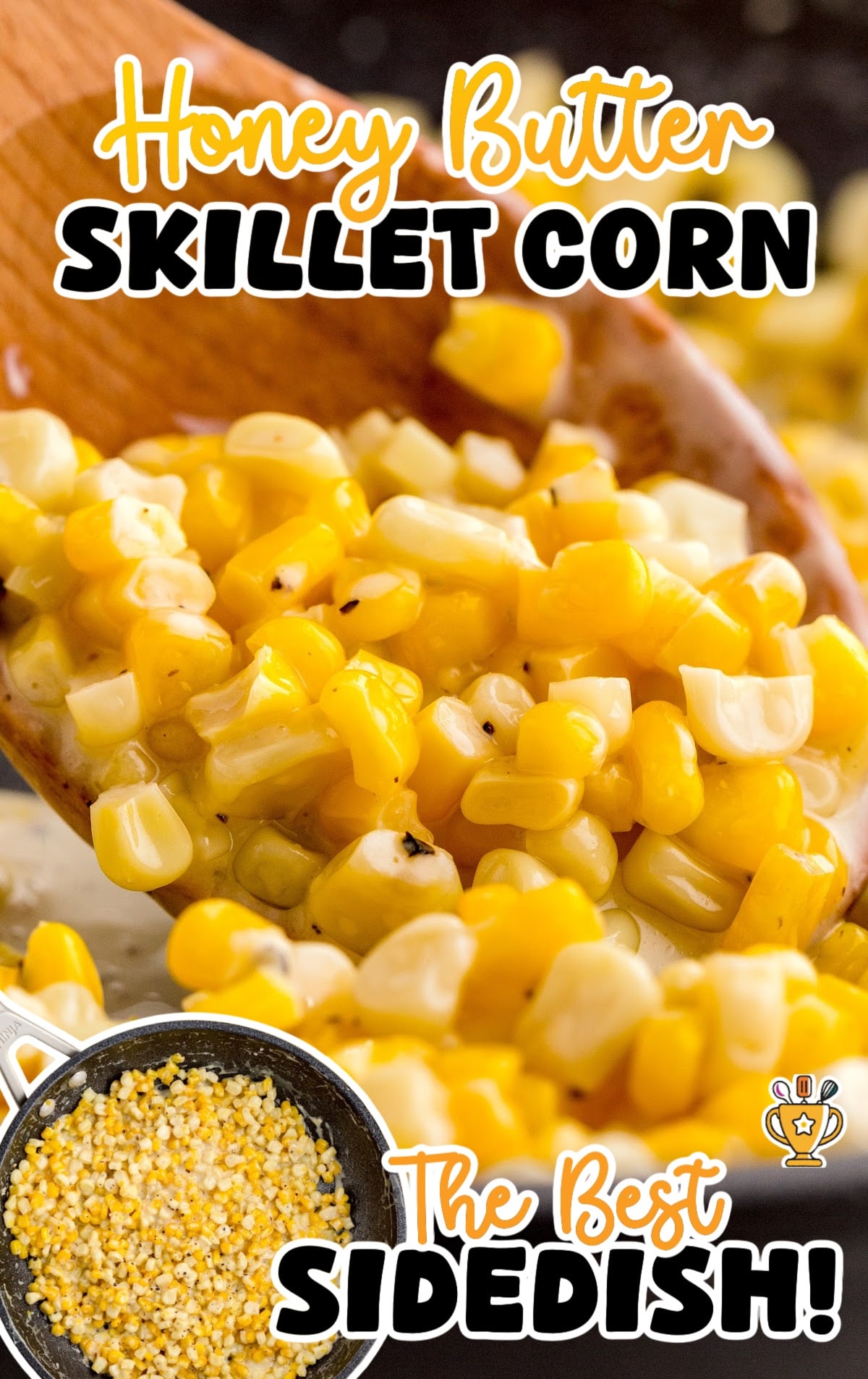 a wooden spoon holding some Honey Butter Skillet Corn