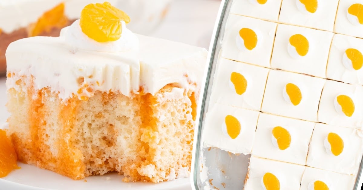 a piece of Orange Creamsicle Poke Cake on a plate and in a baking dish