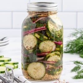 Alt: Mason jar filled with sliced cucumbers, red onions, fresh dill, and pickling spices on a white counter