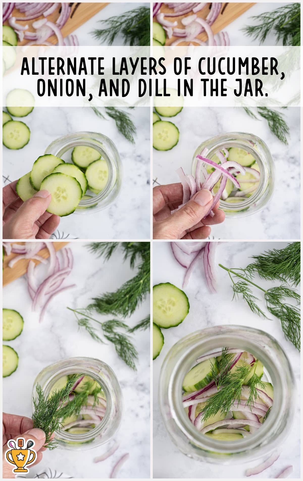 Step-by-step photo showing how to layer cucumber, onion, and dill in a mason jar