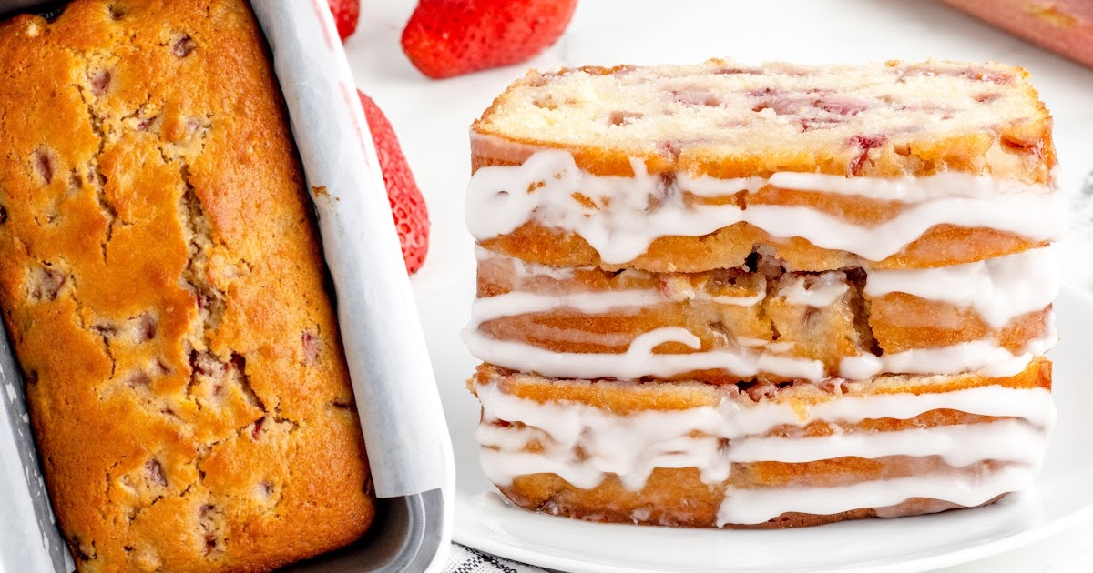 three slices of Strawberry Rhubarb Bread and a whole Strawberry Rhubarb Bread in a baking pan