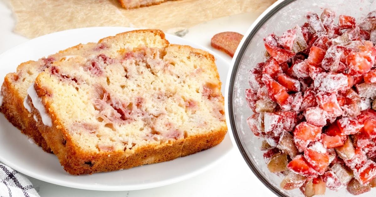 Strawberry Rhubarb Bread slices on a white plate